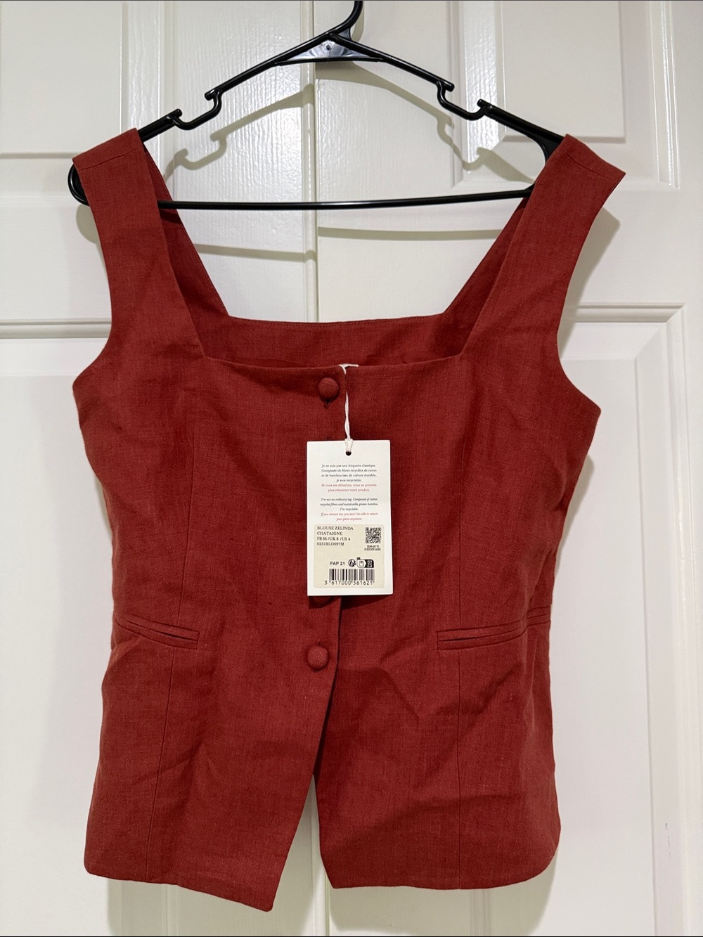 Sezane Zelinda blouse 36 Sleeveless Square-Neck Red Linen Blend Top